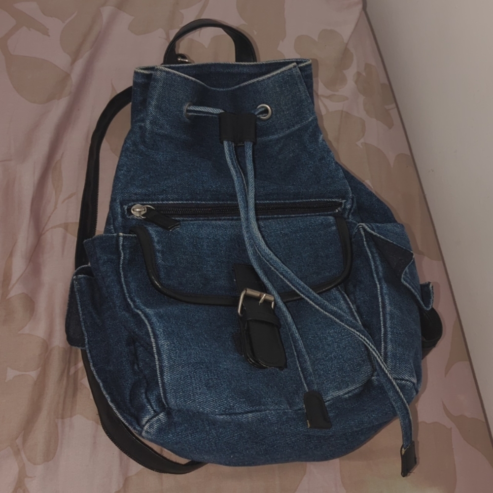 Denim backpack zippers drawstring